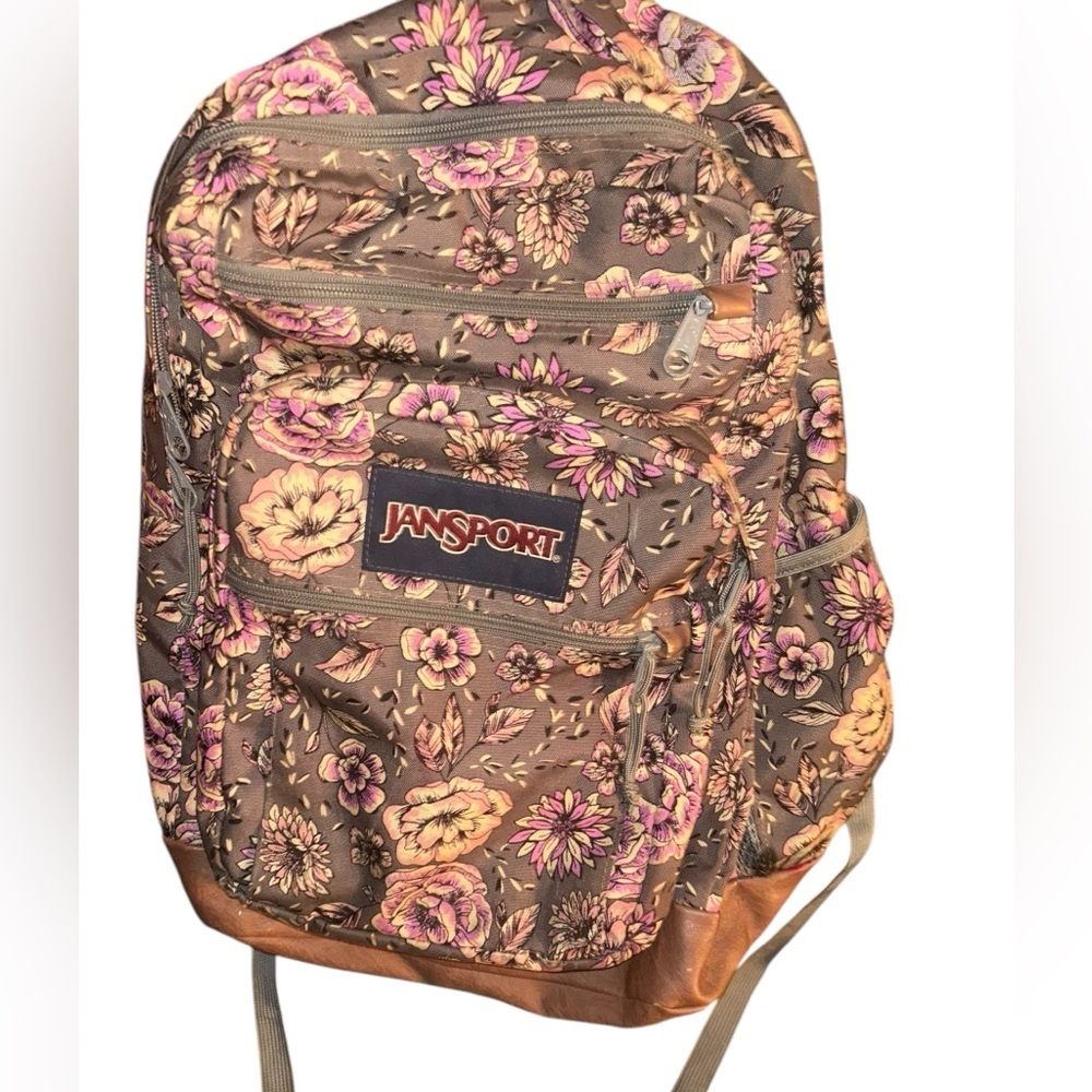 Jansport cool studen boho flowers floral leather bottom bookbag backpack